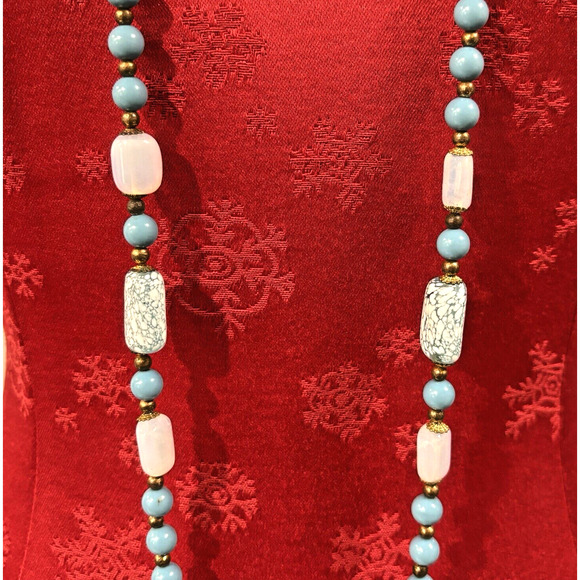 Single Strand Blue White & Gold Beaded Necklace Vintage Art Glass Opalescent - Picture 5 of 10